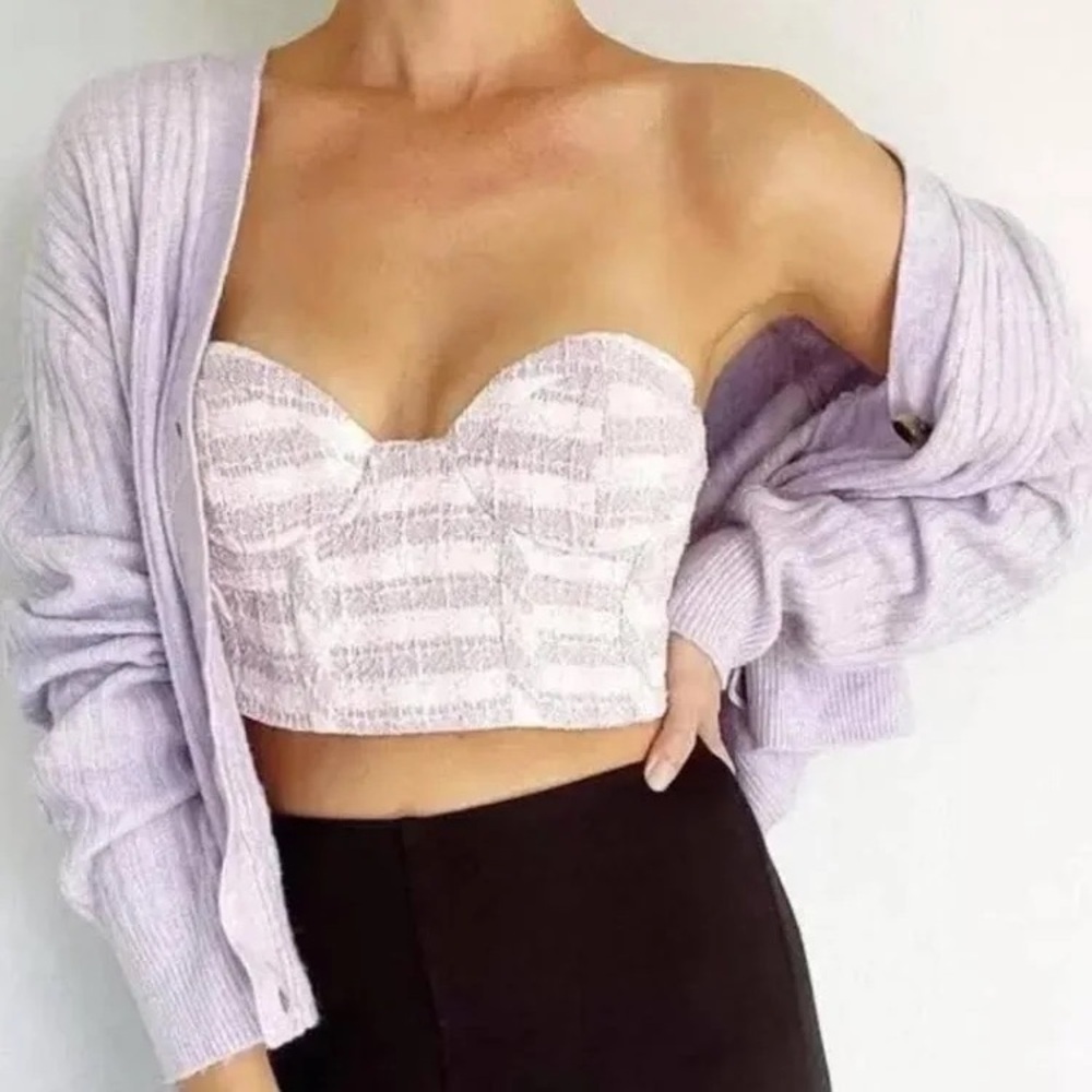 Zara pink/purple tweed cropped corset side zipper strapless size M fully lined